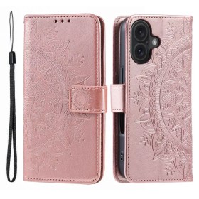 iPhone 17 ruusukulta mandala suojakotelo – etu- ja takakansi, kohopuristettu mandala ja rannenauha.