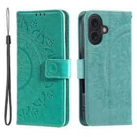 iPhone 17 mintunvihreä mandala suojakotelo – etu- ja takakansi, kohopuristettu mandala ja rannenauha.