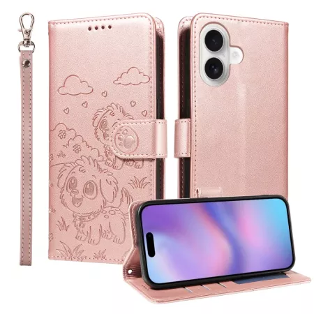 iPhone 17 ruusukulta koira suojakotelo – etu- ja takakansi, koirakuvio, jalusta ja rannehihna.