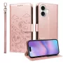 iPhone 17 ruusukulta koira suojakotelo – etu- ja takakansi, koirakuvio, jalusta ja rannehihna.