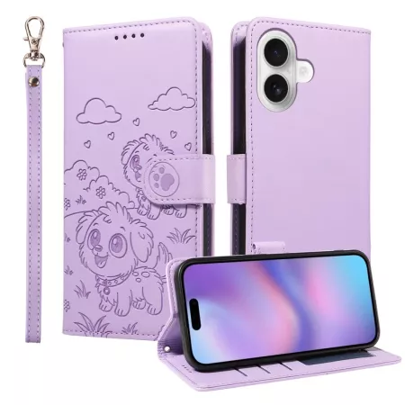 iPhone 17 lila koira suojakotelo – etu- ja takakansi, koirakuvio, jalusta ja rannehihna.