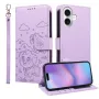 iPhone 17 lila koira suojakotelo – etu- ja takakansi, koirakuvio, jalusta ja rannehihna.