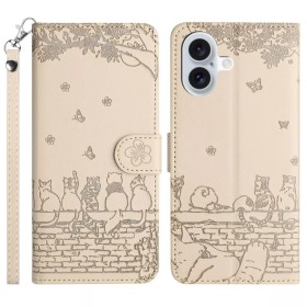 iPhone 17 beige kissa suojakotelo – etu- ja takakansi sekä rannenauha yhdessä.