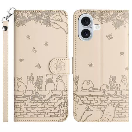 iPhone 17 beige kissa suojakotelo – etu- ja takakansi sekä rannenauha yhdessä.