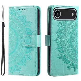 Mintunvihreä iPhone Air kotelo; etukansi ja tausta mandala-kohokuvioinnilla, rannehihna mukana.