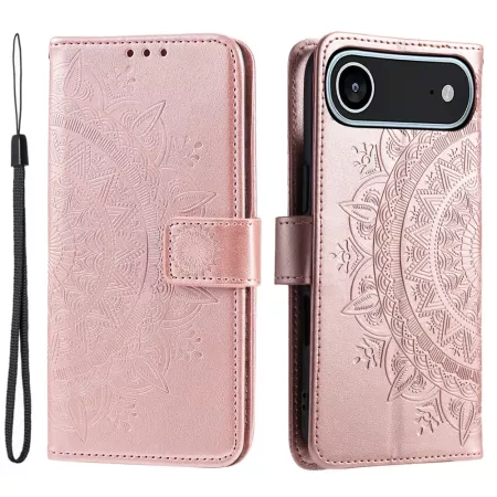 Ruusukultainen iPhone Air kotelo; etu- ja takapuoli mandala-kohokuvioinnilla, rannehihna mukana.