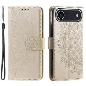 Kullanvärinen iPhone Air kotelo; etukansi ja tausta mandala-kohokuvioinnilla, mukana rannehihna.