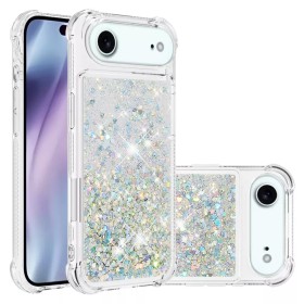 Hopeat iPhone Air kuoret, läpinäkyvä kehys ja sädehtivä glitter-tausta.
