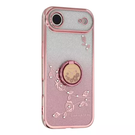 Ruusukultaiset iPhone Air kuoret kimalteella; kohokuvioitu kukkadesign ja sormuspidike.