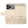 iPhone 17 Pro beige kissa suojakotelo levitettynä; takakannen kissa-kaiverrus.