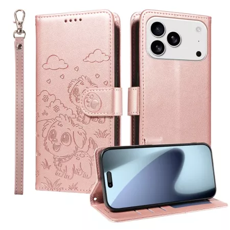 iPhone 17 Pro ruusukulta koira suojakotelo edestä ja takaa; rannehihna, kohokuvioitu koira ja jalusta-asento.