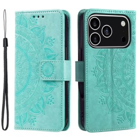 iPhone 17 Pro mintunvihreä mandala suojakotelo edestä ja takaa; kohokuvio ja rannehihna.