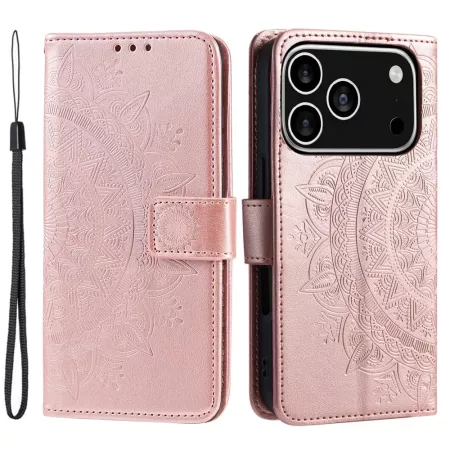 iPhone 17 Pro ruusukulta mandala suojakotelo edestä ja takaa; kohokuvio ja rannehihna.