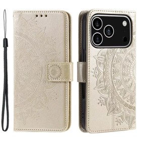 iPhone 17 Pro kullanvärinen mandala suojakotelo edestä ja takaa; kohokuvio ja rannehihna.