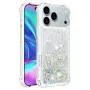 iPhone 17 Pro hopea glitter hile suojakuori edestä ja takaa; huomiota herättävä kimallus.
