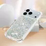 iPhone 17 Pro hopea glitter hile suojakuori viistosta; näkyvissä liikkuva hilealue.