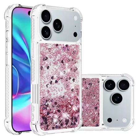 iPhone 17 Pro pinkki glitter hile suojakuori; läpinäkyvä reuna ja liikkuva hiletausta.