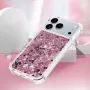 iPhone 17 Pro pinkki glitter hile suojakuori viistosta; korotettu kamerakehys ja suojakulmat.