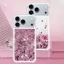 Koostekuva: kaksi iPhone 17 Pro pinkki glitter hile suojakuorta rinnakkain.