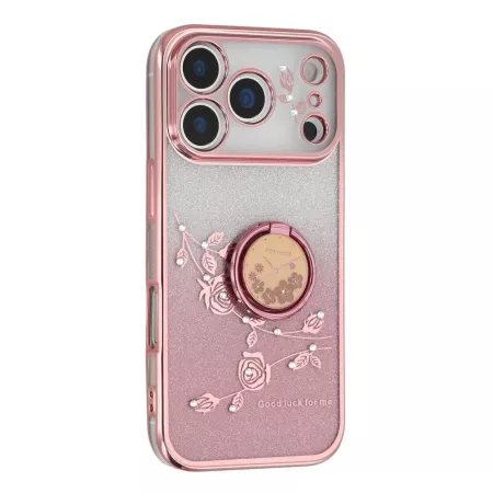 iPhone 17 Pro ruusukulta glitter kukka sormuspidike suojakuori viistosta; kimalteleva tausta ja kohokuvioidut kukat.