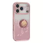 iPhone 17 Pro ruusukulta glitter kukka sormuspidike suojakuori viistosta; kimalteleva tausta ja kohokuvioidut kukat.