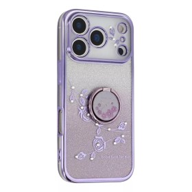 iPhone 17 Pro violetti glitter kukka sormuspidike suojakuori viistosta; kimalteleva tausta ja kohokuvioidut kukat.