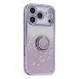 iPhone 17 Pro violetti glitter kukka sormuspidike suojakuori viistosta; kimalteleva tausta ja kohokuvioidut kukat.
