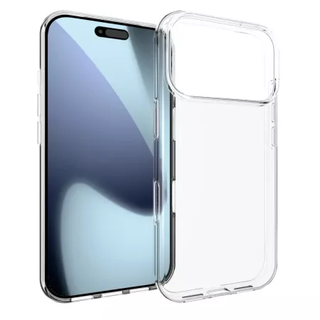 iPhone 17 Pro ohut läpinäkyvä suojakuori puhelimen vieressä; kameran aukko korotettuna.