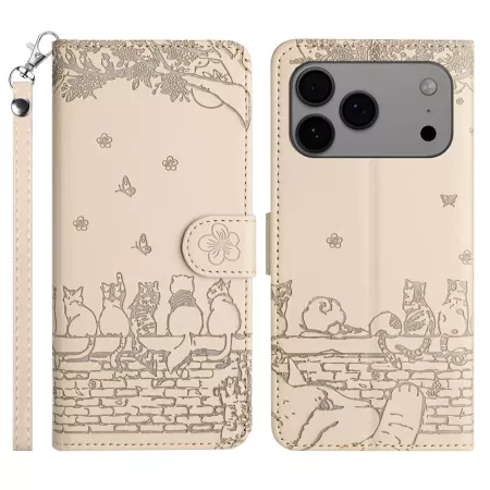 iPhone 17 Pro Max beige kissa suojakotelo edestä ja takaa; kohokuvioitu kissateema ja rannehihna.