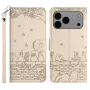 iPhone 17 Pro Max beige kissa suojakotelo edestä ja takaa; kohokuvioitu kissateema ja rannehihna.
