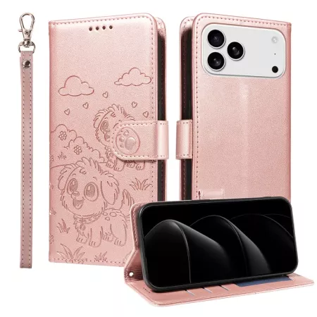 iPhone 17 Pro Max ruusukulta koira suojakotelo edestä ja takaa; jalusta-asento ja rannehihna.