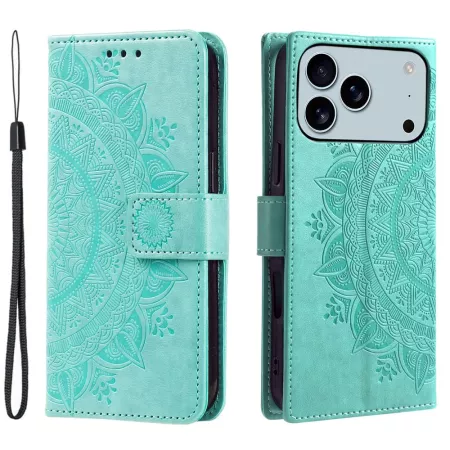 iPhone 17 Pro Max mintunvihreä mandala suojakotelo edestä ja takaa; kohokuvio ja rannehihna.