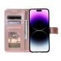 iPhone 17 Pro Max ruusukulta mandala suojakotelo avattuna; korttipaikat, ikkunatasku ja setelitasku.