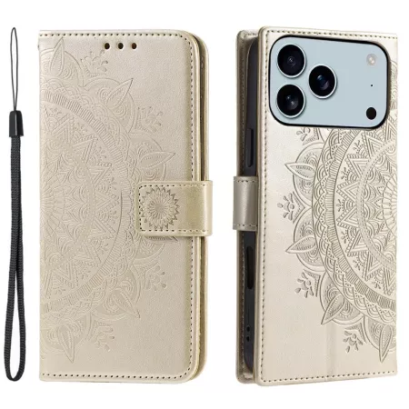 iPhone 17 Pro Max kullanvärinen mandala suojakotelo edestä ja takaa; kohokuvio ja rannehihna.
