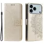 iPhone 17 Pro Max kullanvärinen mandala suojakotelo edestä ja takaa; kohokuvio ja rannehihna.