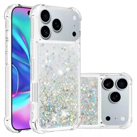 iPhone 17 Pro Max hopea glitter hile suojakuori sivuprofiilissa; ohut muoto ja suojakulmat.
