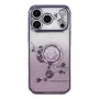 iPhone 17 Pro Max violetti glitter kukka sormuspidike suojakuori takaa; kääntyvä sormusrengas keskellä.