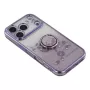 iPhone 17 Pro Max violetti glitter kukka sormuspidike suojakuori viistosta; glitter-pinta ja korotettu kamerakehys.