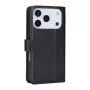 iPhone 17 Pro Max musta suojakotelo viistosta takaa; kameraleikkaus ja ompeleet.