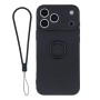 iPhone 17 Pro Max musta sormuspidike suojakuori rannenauhalla; takapinta ja irrotettava rannehihna.