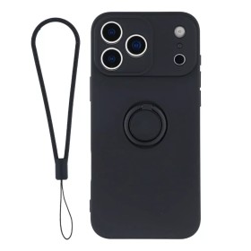 iPhone 17 Pro Max musta sormuspidike suojakuori rannenauhalla; takapinta ja irrotettava rannehihna.