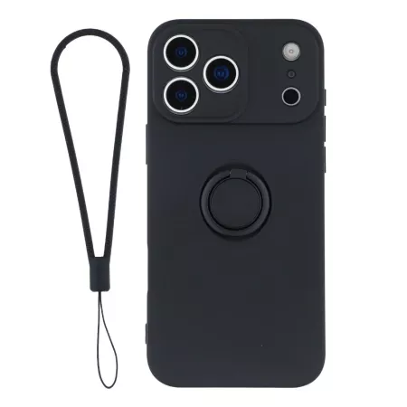iPhone 17 Pro Max musta sormuspidike suojakuori rannenauhalla; takapinta ja irrotettava rannehihna.