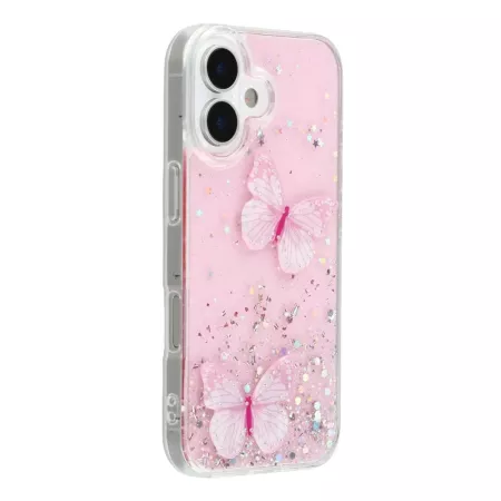 iPhone 17 kimaltava suojakuori perhoskoristeella – viisto takanäkymä, kaksi 3D-perhosta ja glitterpinta.