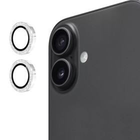 iPhone 17 kameran linssisuoja hopea glitter – renkaat ja asennettuna puhelimeen.