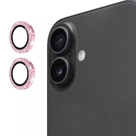 iPhone 17 kameran linssisuoja pinkki glitter – renkaat ja asennettuna puhelimeen.