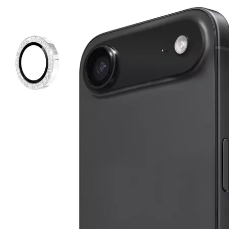 iPhone Air kameran linssisuoja hopea glitter – rengas ja asennettuna puhelimeen.