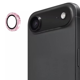 iPhone Air kameran linssisuoja pinkki glitter – rengas ja asennettuna puhelimeen.