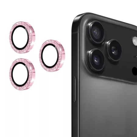 iPhone 17 Pro / 17 Pro Max kameran linssisuoja pinkki glitter – renkaat ja asennettuna puhelimeen.