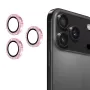 iPhone 17 Pro / 17 Pro Max kameran linssisuoja pinkki glitter – renkaat ja asennettuna puhelimeen.