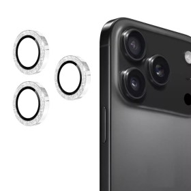 iPhone 17 Pro / 17 Pro Max kameran linssisuoja hopea glitter – renkaat ja asennettuna puhelimeen.